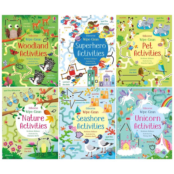 Set of 6 wipe-clean activity books for kids (British brand)