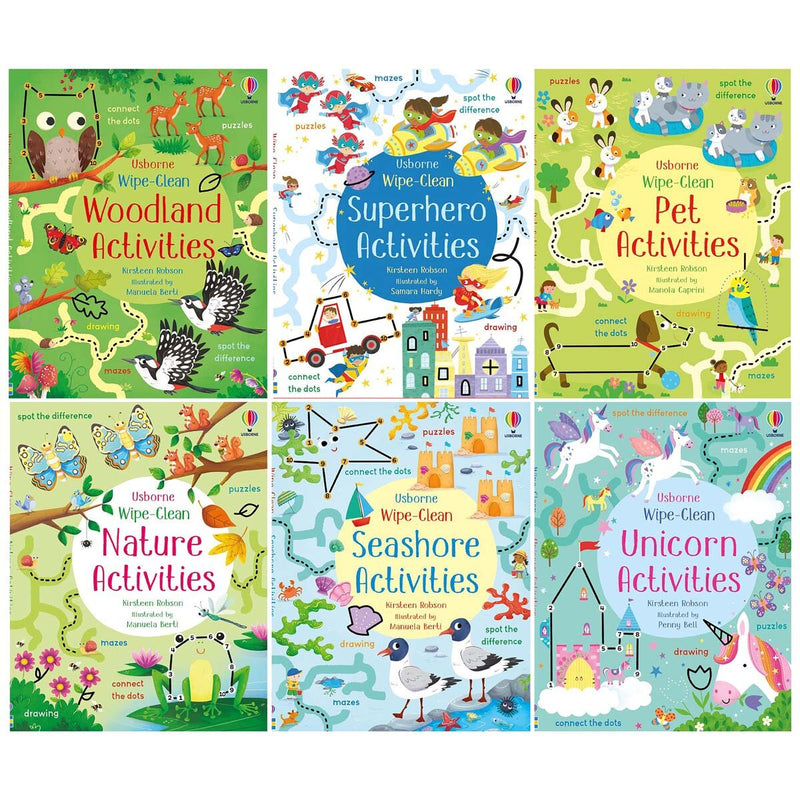 Set of 6 wipe-clean activity books for kids (British brand)