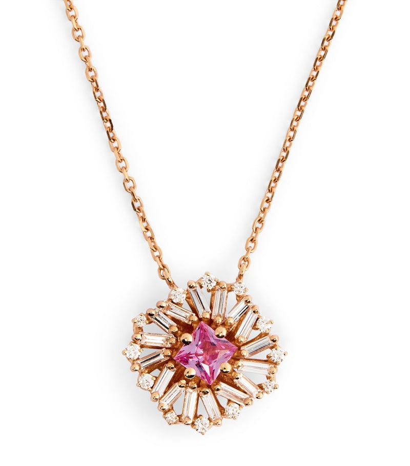 Suzanne Kalan princess flower rose gold necklace with diamonds and pink sapphire (British brand)