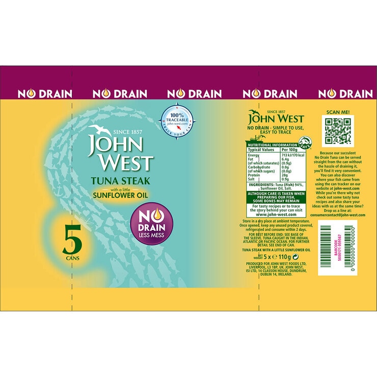 John West No Drain Tuna Steak 5x110g (British brand)