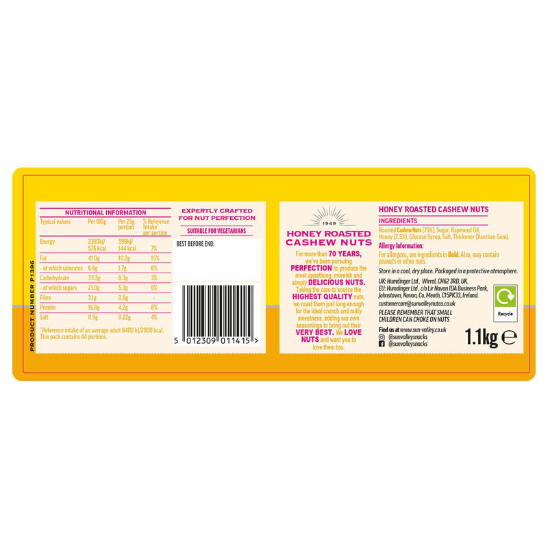 Sun Valley honey roasted cashews 1.1kg (British brand)