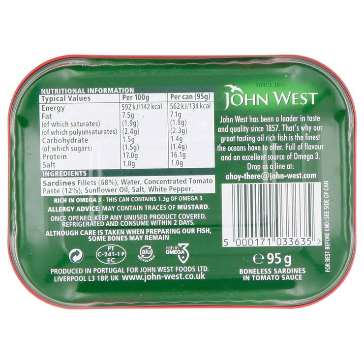 John West boneless sardines in tomato sauce 12 x 95g, UK version