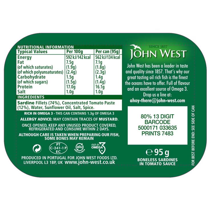 John West boneless sardines in tomato sauce 12 x 95g, UK version