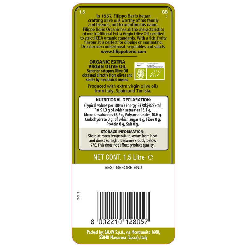 Filippo Berio Organic Extra Virgin Olive Oil 1.5L - British product