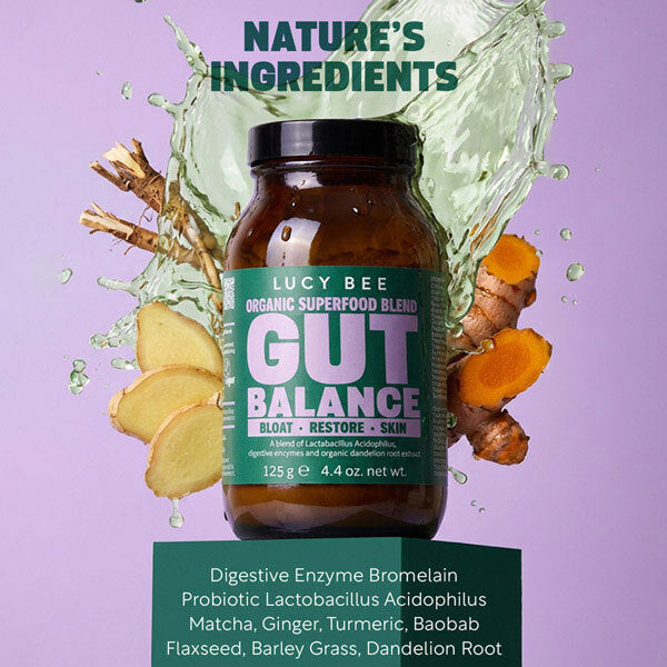 Lucy Bee gut health powder with probiotic and digestive enzymes 125g, imported from the UK