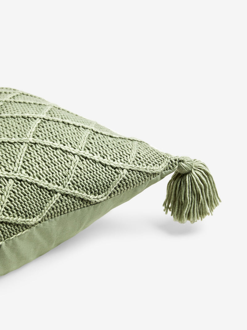 Sage green cushion with tassel trim 50x50cm (British brand)