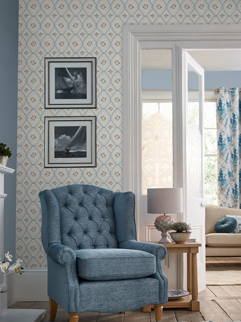 Laura Ashley wallpaper Pale Seaspray Blue Pinford Trellis 10m, imported from the UK
