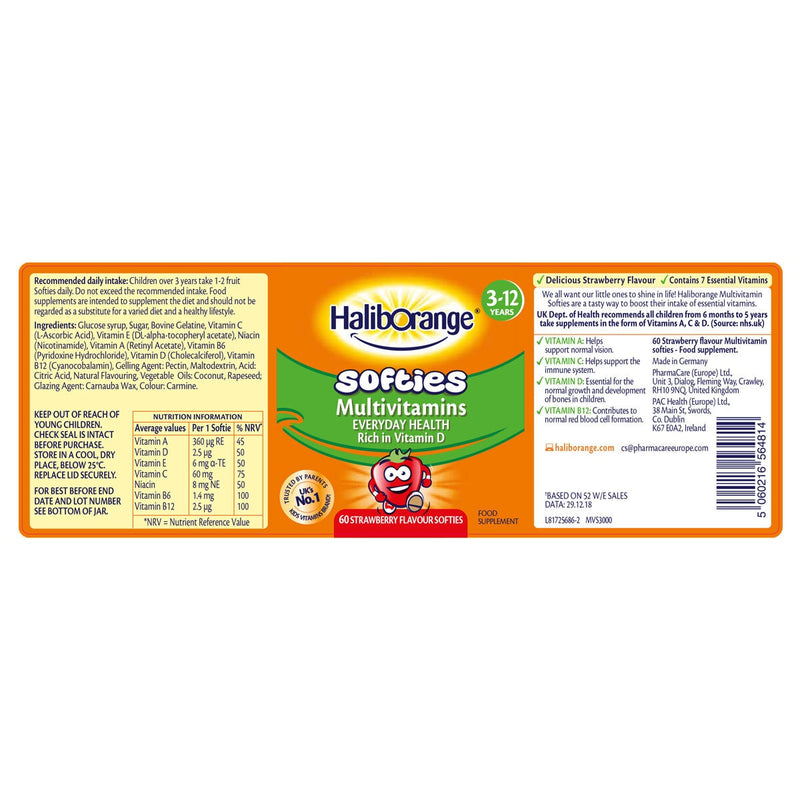 HalibOrange Strawberry Multivitamin Softies for Children 3 x 60 Count, UK version