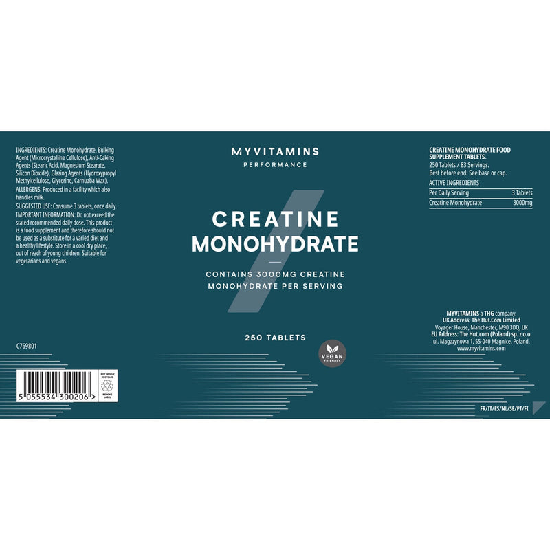 MyVitamins creatine monohydrate supplement 250 tablets, imported from the UK