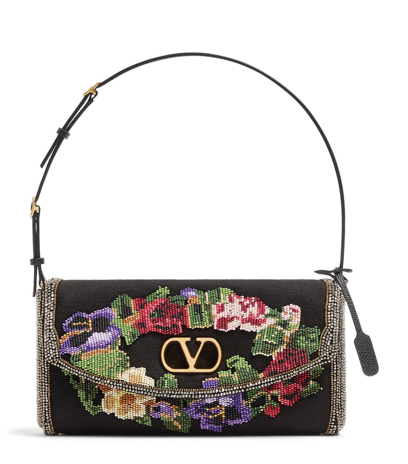 Valentino Garavani small linen embellished DeVain shoulder bag, imported from the UK