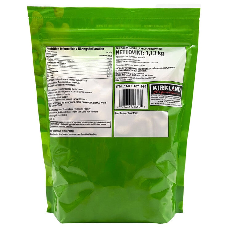Kirkland Signature organic whole unsalted cashews 1.13kg, UK version