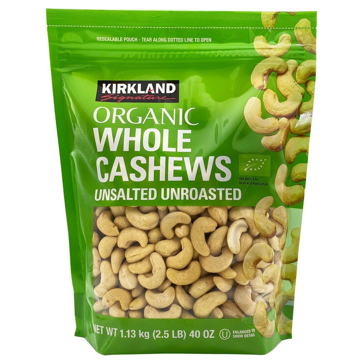 Kirkland Signature organic whole unsalted cashews 1.13kg, UK version