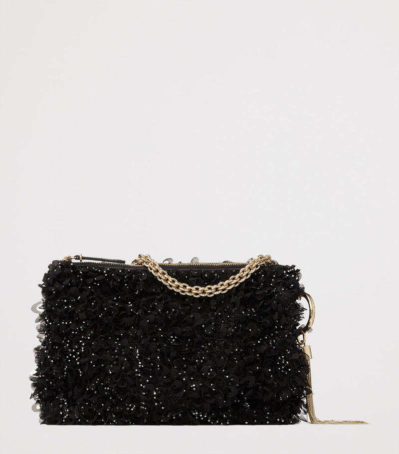 Jimmy Choo crystal-embellished satin clutch bag, imported from the UK