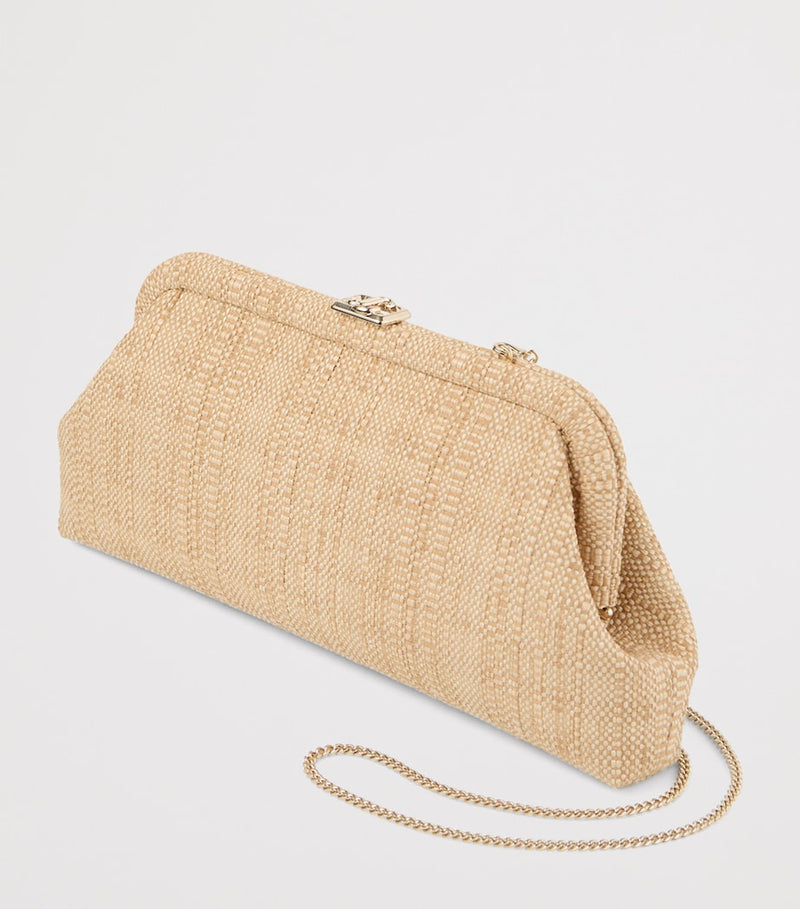 Jimmy Choo Skylar woven rafia clutch bag, imported from the UK