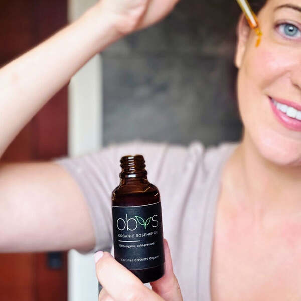 Obvs Organic Rosehip Oil moisturising bottle, imported from the UK