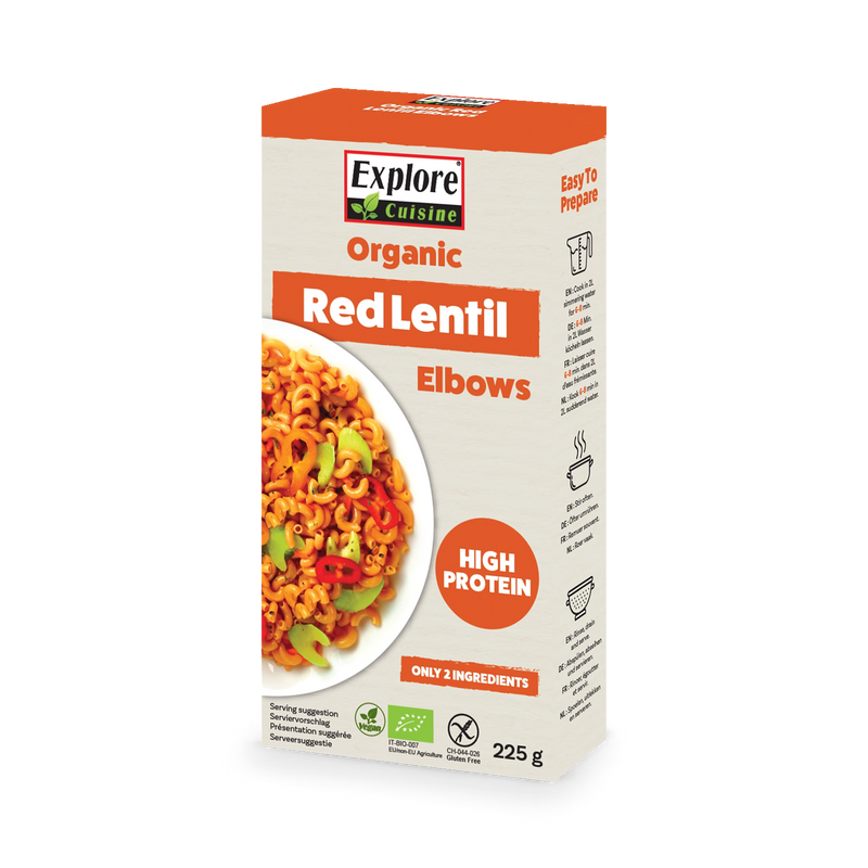 Explore Cuisine red lentil elbow pasta 225g (British brand)