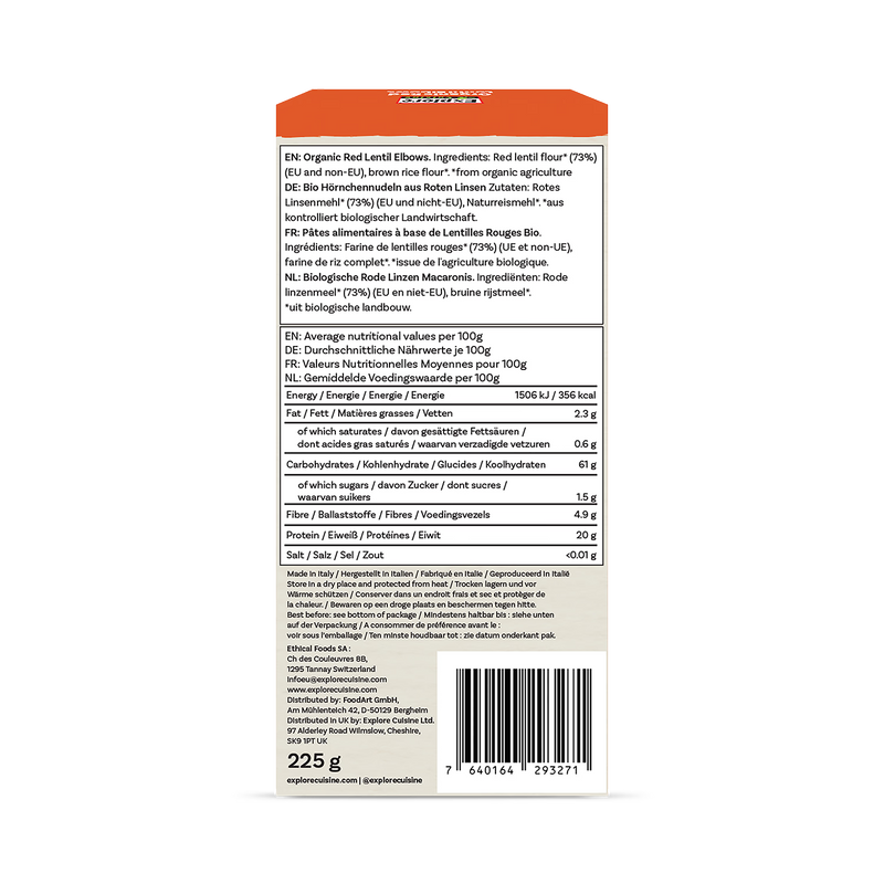 Explore Cuisine red lentil elbow pasta 225g (British brand)
