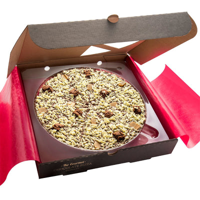 Costco UK Belgian Milk Chocolate Pizza with Brownie Biscuit and Vanilla Fudge, Precut into Eight Slices- Buy online at McGrocer
