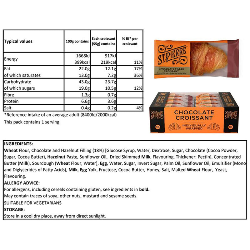 St. Pierre chocolate and hazelnut filled croissant 16 x 55g (British brand)