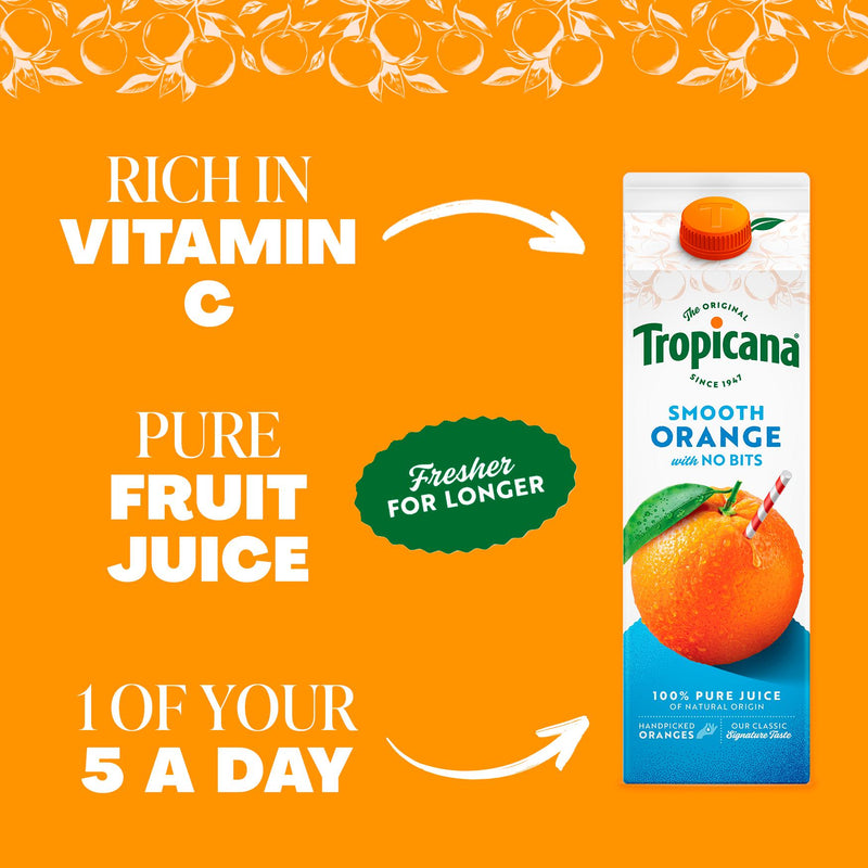 Tropicana smooth orange juice no bits 850ml, imported from the UK