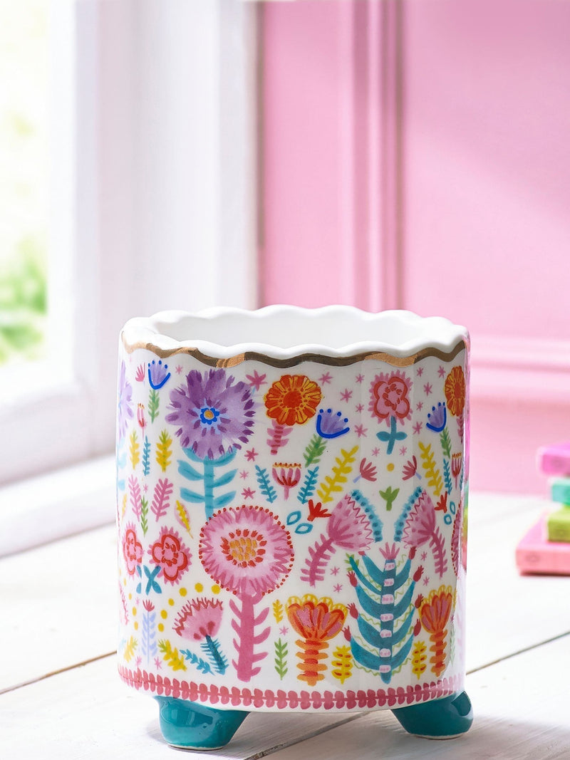 Lucy Tiffney multi floral footed plant pot 14cm, UK version