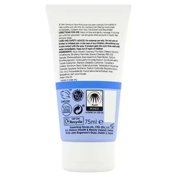 Superdrug B Men sensitive face moisturiser 75ml (British brand)