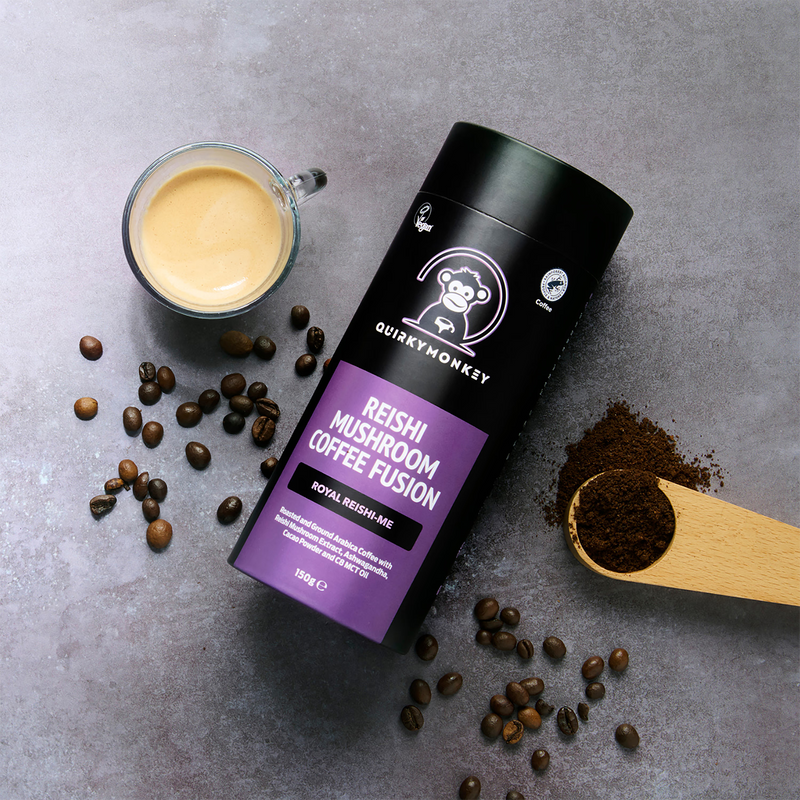 Quirky Monkey Reishi Mushroom Coffee Fusion 150g, imported from the UK