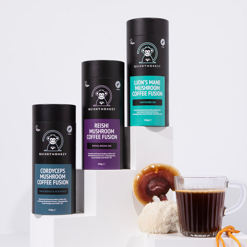 Quirky Monkey Reishi Mushroom Coffee Fusion 150g, imported from the UK