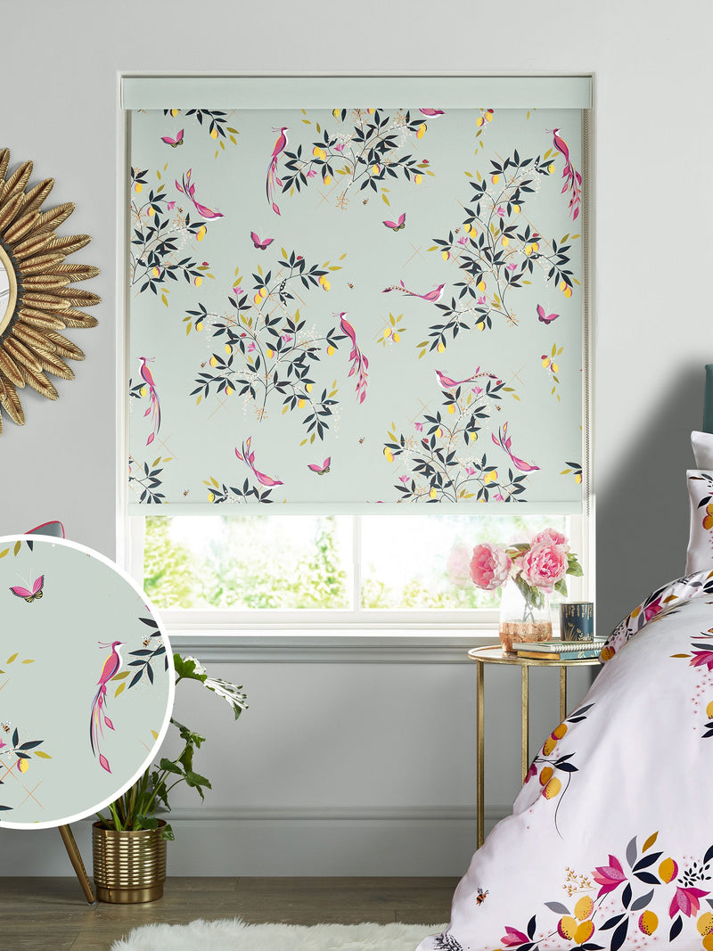 Sara Miller Green Birds & Trellis roller blinds, UK version