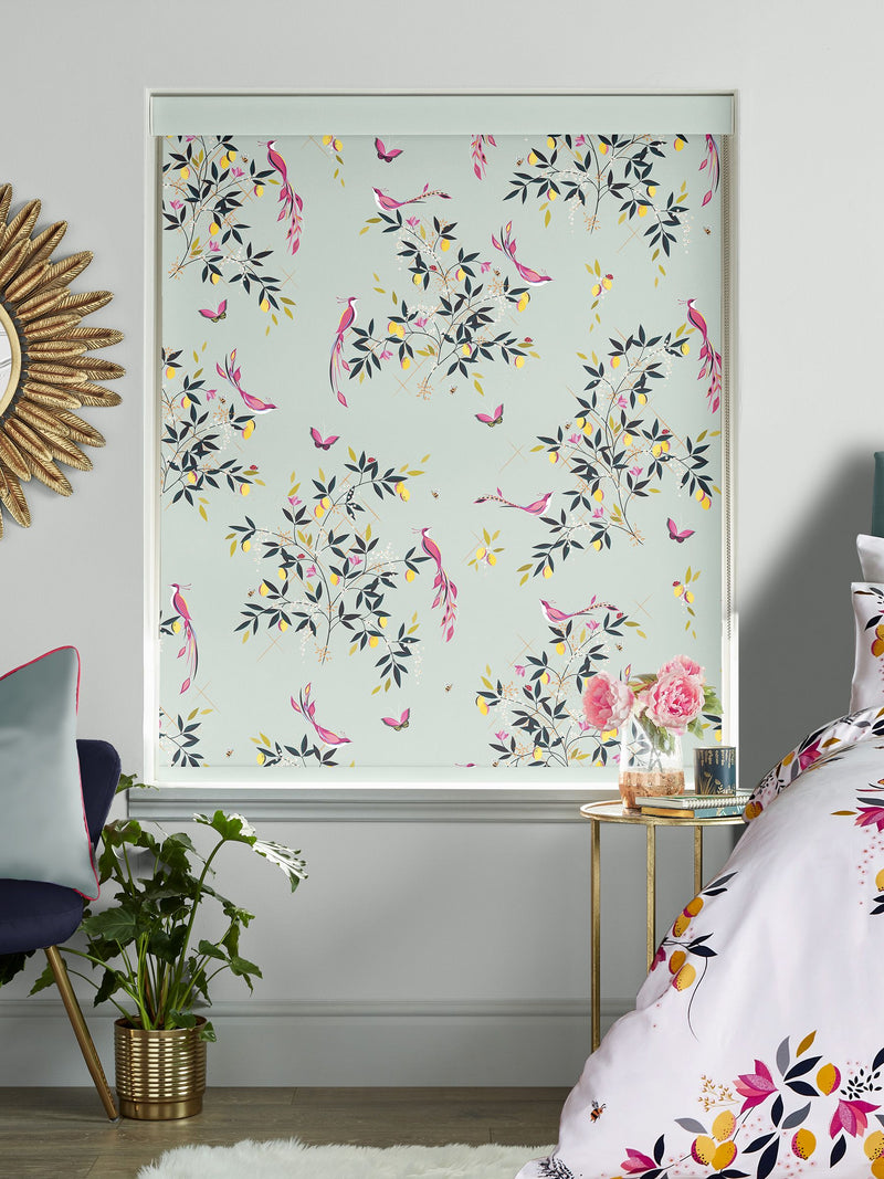 Sara Miller Green Birds & Trellis roller blinds, UK version