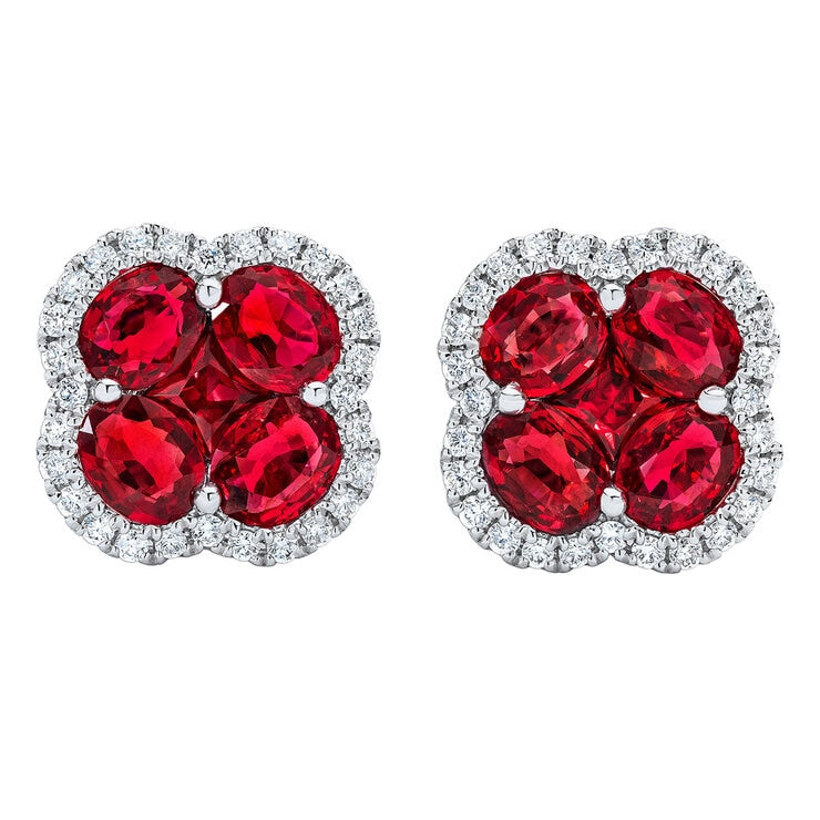 Ruby and diamond clover stud earrings 14ct white gold - British product