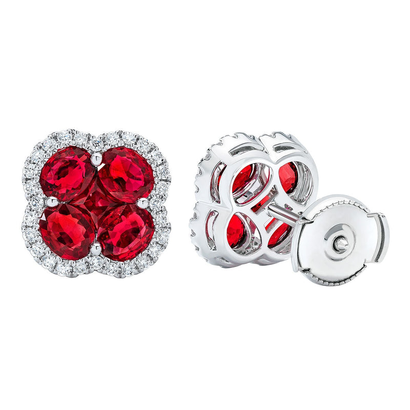 Ruby and diamond clover stud earrings 14ct white gold - British product