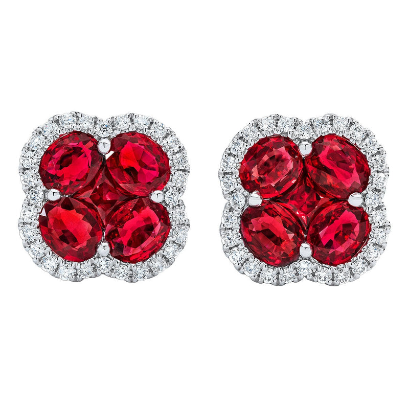 Ruby and diamond clover stud earrings 14ct white gold - British product