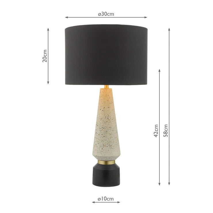 Onora table lamp terrazzo base black faux silk shade, imported from the UK