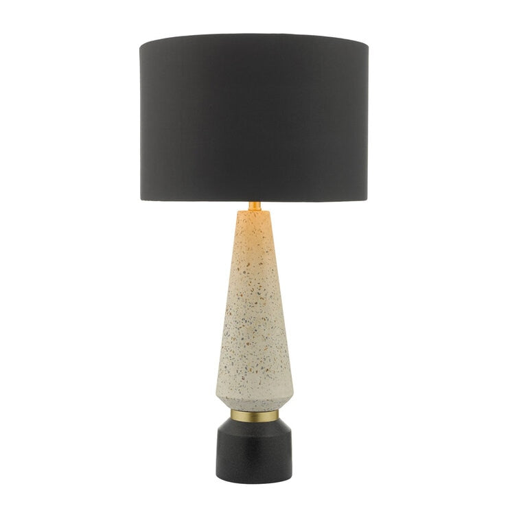 Onora table lamp terrazzo base black faux silk shade, imported from the UK