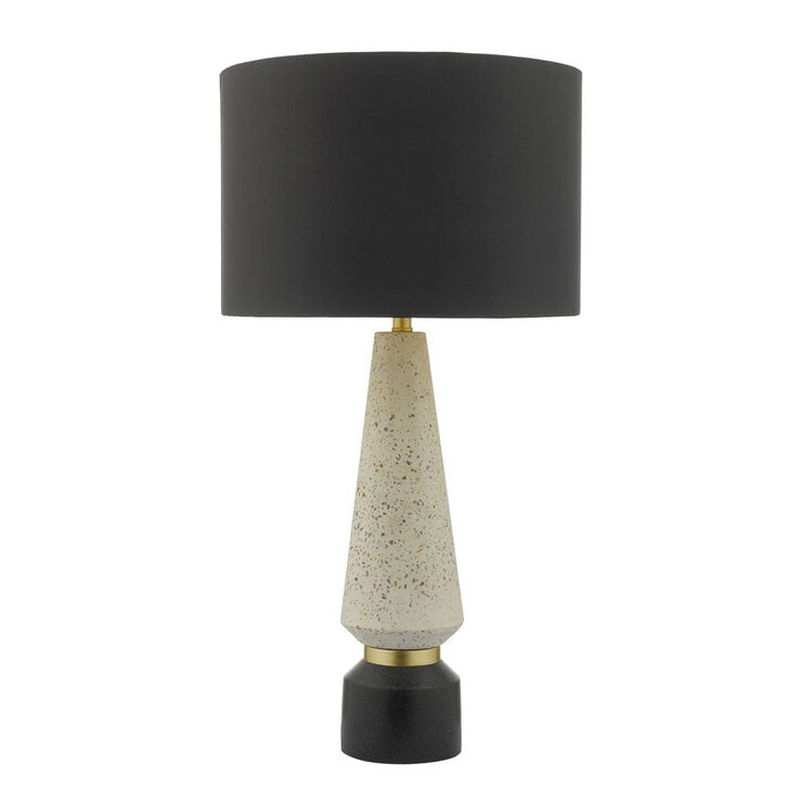 Onora table lamp terrazzo base black faux silk shade, imported from the UK