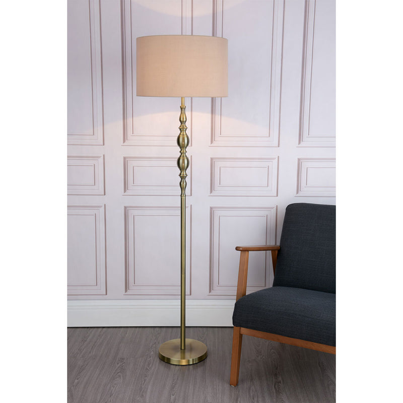 Antique brass floor lamp with faux silk shade, imported from the UK