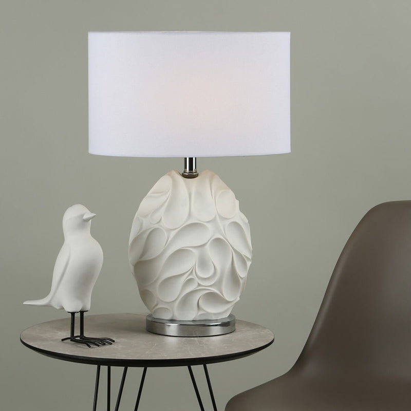 Textured oval table lamp with white linen shade (British brand)