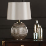 Sonia brass and silver dual table lamp with taupe shade, UK version