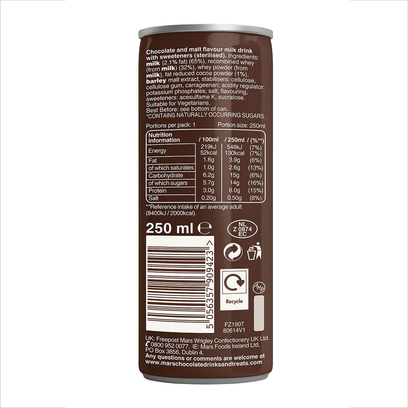 Galaxy Chocolate Milk Drink No Added Sugar 12 x 250ml, UK version