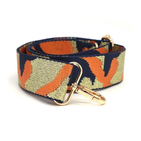 POM orange camo lurex adjustable wide bag strap, imported from the UK