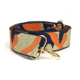 POM orange camo lurex adjustable wide bag strap, imported from the UK