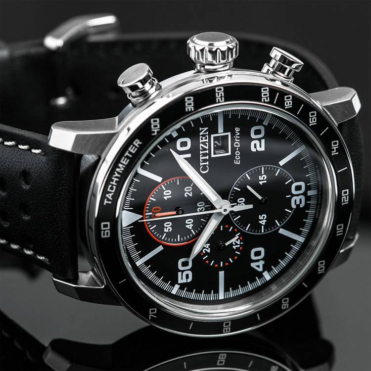 Citizen Eco-Drive black leather strap watch 44mm, UK version