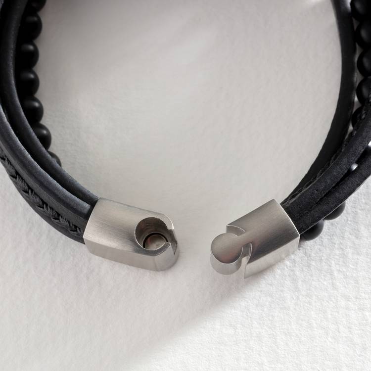 Revere black leather stainless steel layered bracelet (British brand)