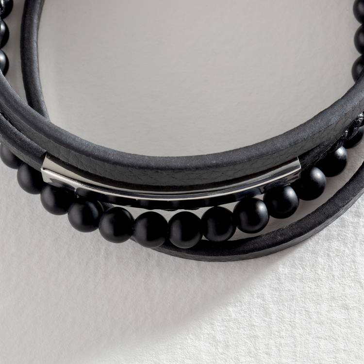 Revere black leather stainless steel layered bracelet (British brand)