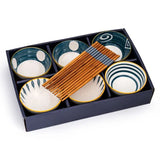 Blue rice bowl and chopstick gift set 6 bowls 6 pairs, UK version