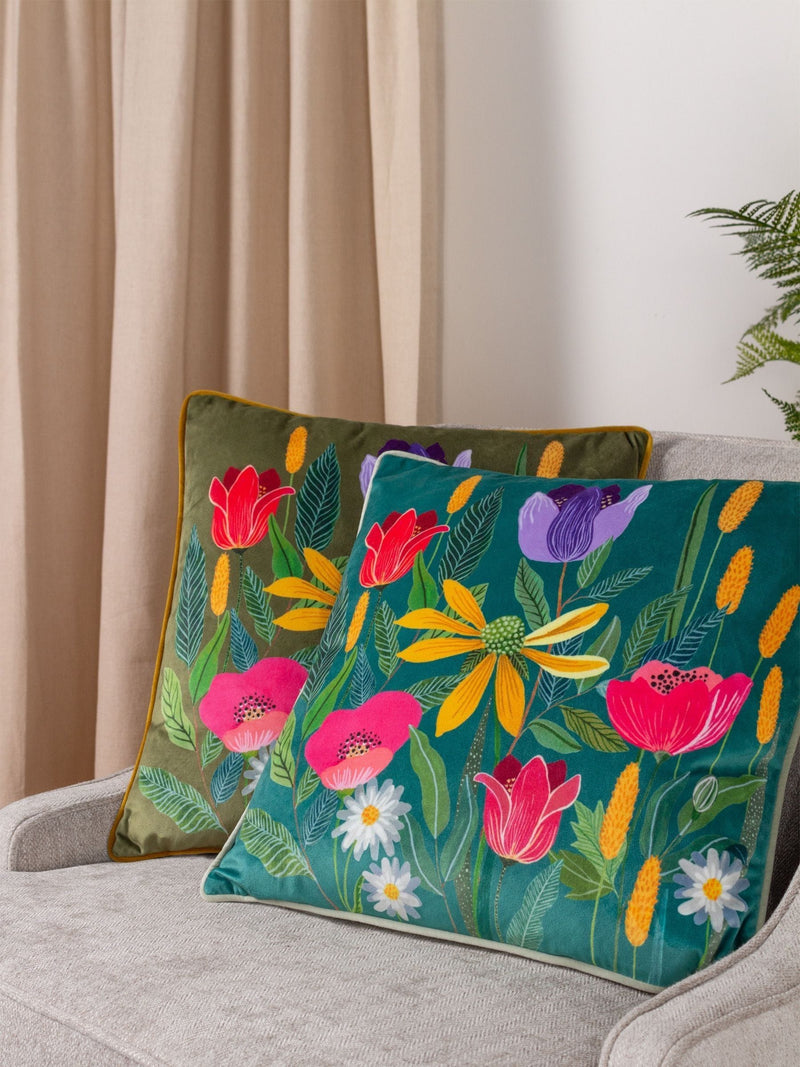 Wylder cushion celandine floral velvet piped 43cm, imported from the UK