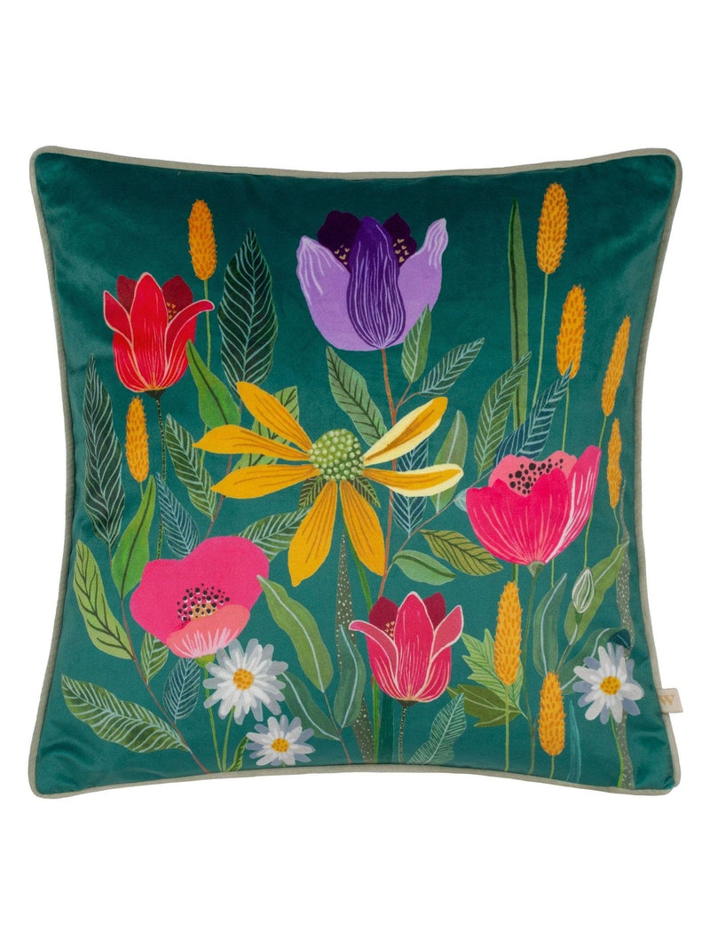Wylder cushion celandine floral velvet piped 43cm, imported from the UK
