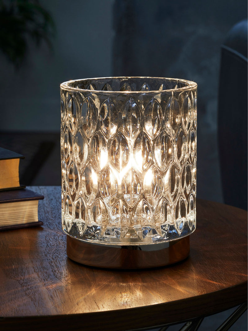 Chrome Cleo touch table lamp with faceted glass shade, UK version