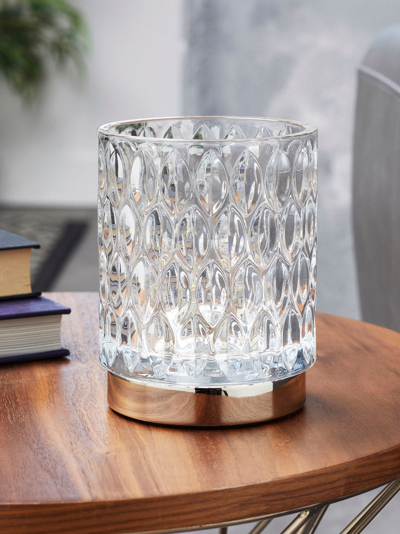 Chrome Cleo touch table lamp with faceted glass shade, UK version